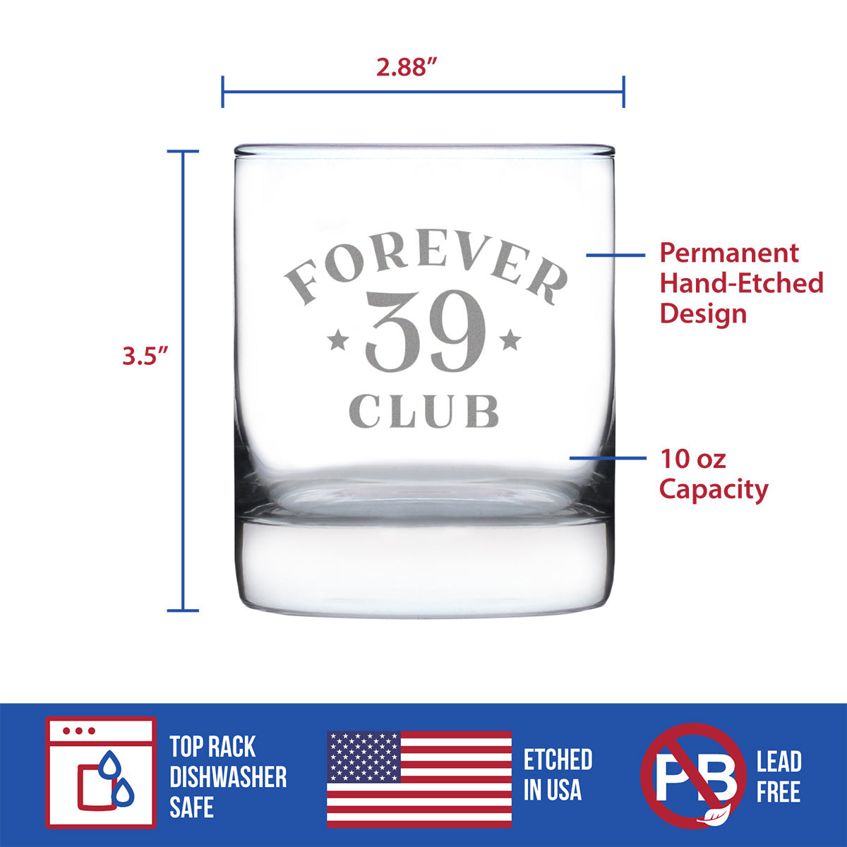 Forever 39 Club - Whiskey Rocks Glass 40th Birthday Gifts for Men & Women Turning 40 - Fun Retro Bday Whisky Drinking Tumbler - 10.25 Oz
