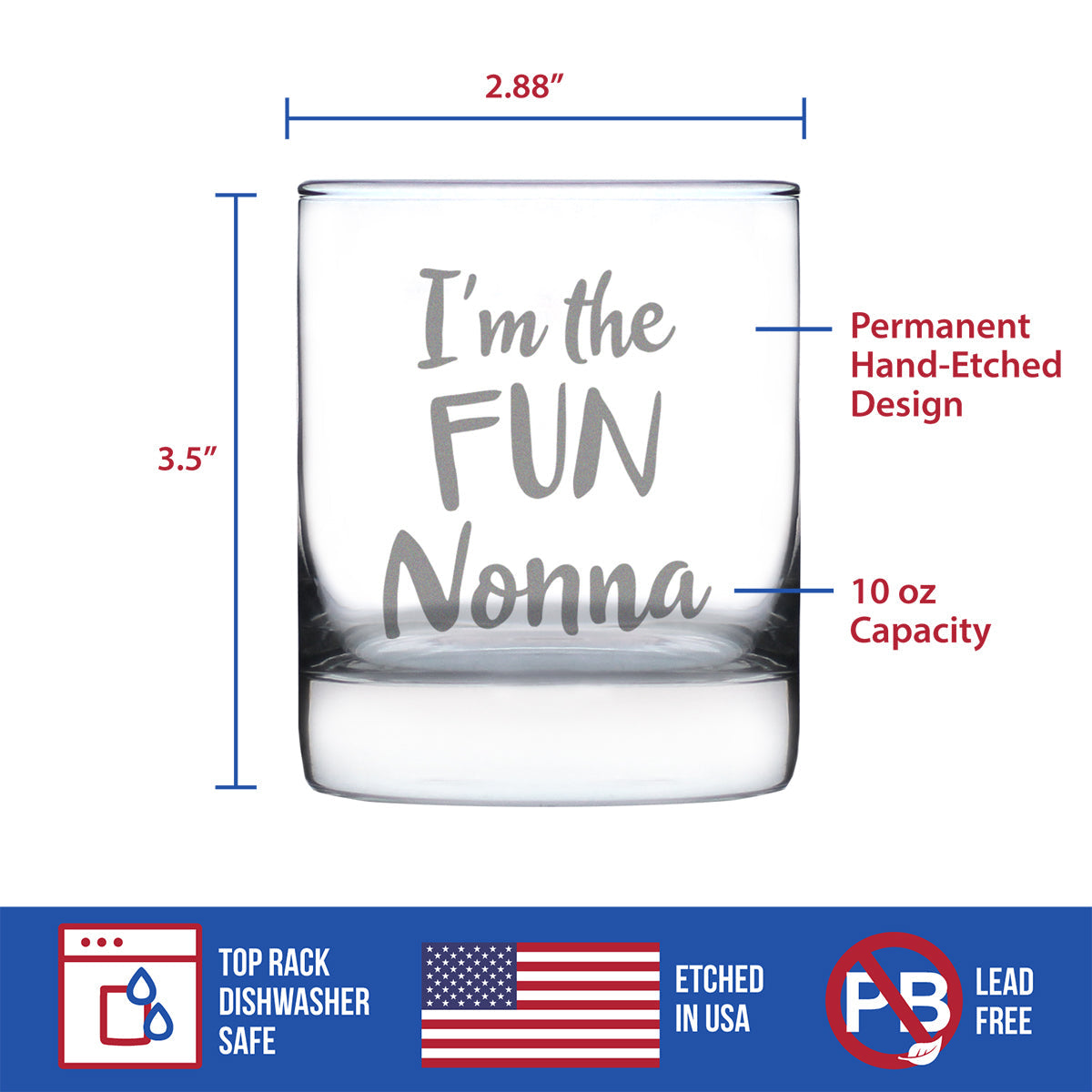 I'm the Fun Nonna 10 oz Rocks Glass or Old Fashioned Glass - Reveal Gift for New Grandmothers, Mother's Day or Birthday Gift for Nonna