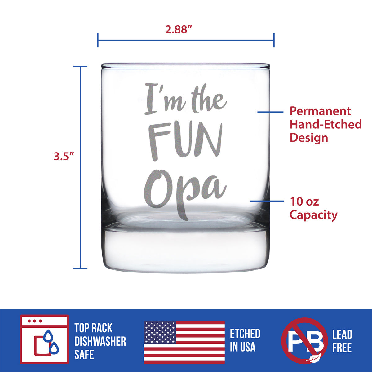 I'm the Fun Opa 10 oz Rocks Glass or Old Fashioned Glass, Etched Sayings, Father's Day Gift, Fun Gift for Grandpa