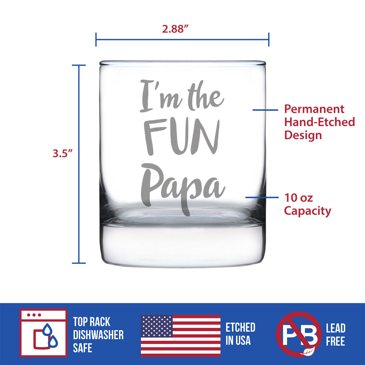 I'm the Fun Papa 10 oz Rocks Glass or Old Fashioned Glass, Etched Sayings, Father's Day Gift for Grandpa
