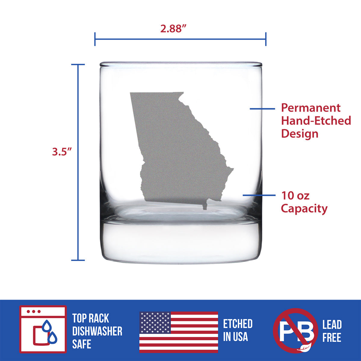 Georgia State Outline Whiskey Rocks Glass - State Themed Drinking Decor and Gifts for Georgian Women & Men - 10.25 Oz Whisky Tumbler Glasses