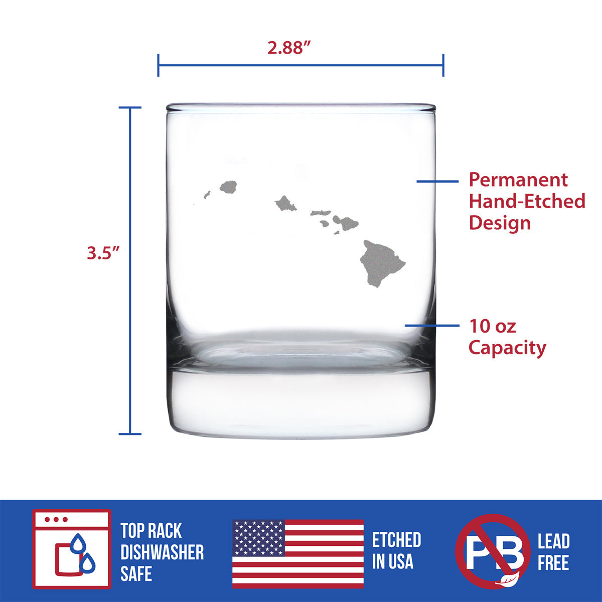 Hawaii State Outline Whiskey Rocks Glass - State Themed Drinking Decor and Gifts for Hawaiian Women & Men - 10.25 Oz Whisky Tumbler Glasses