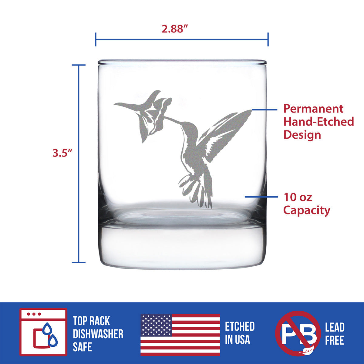Hummingbird - Whiskey Rocks Glass Gifts - Bird Themed Gifts and Decor for Men & Women - 10.25 Oz Glasses