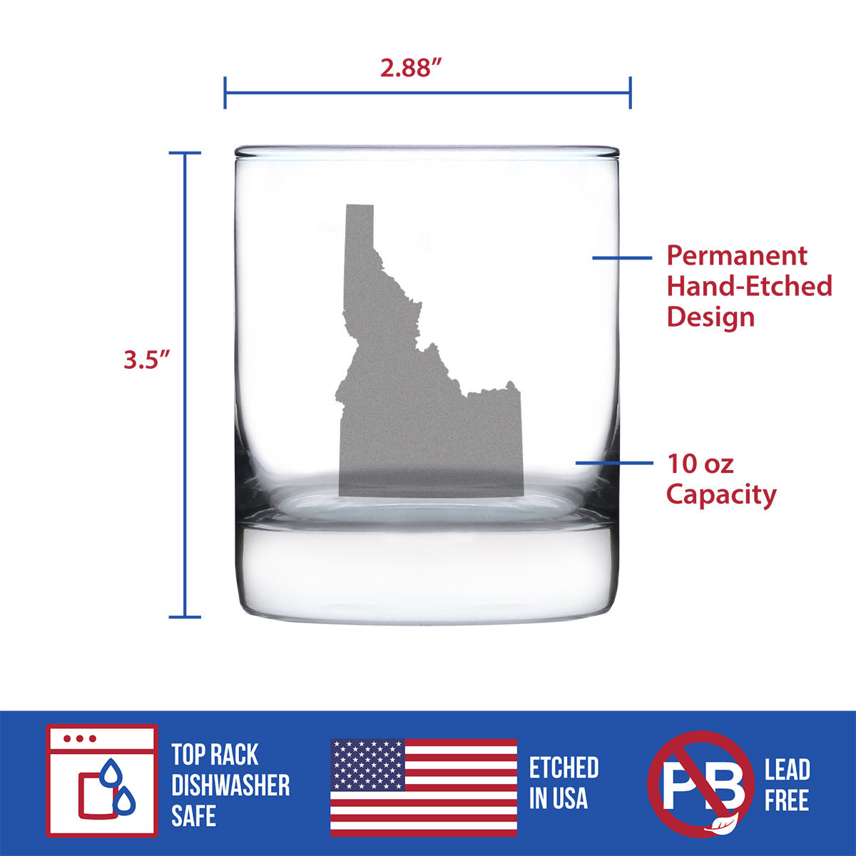 Idaho State Outline Whiskey Rocks Glass - State Themed Drinking Decor and Gifts for Idahoan Women & Men - 10.25 Oz Whisky Tumbler Glasses