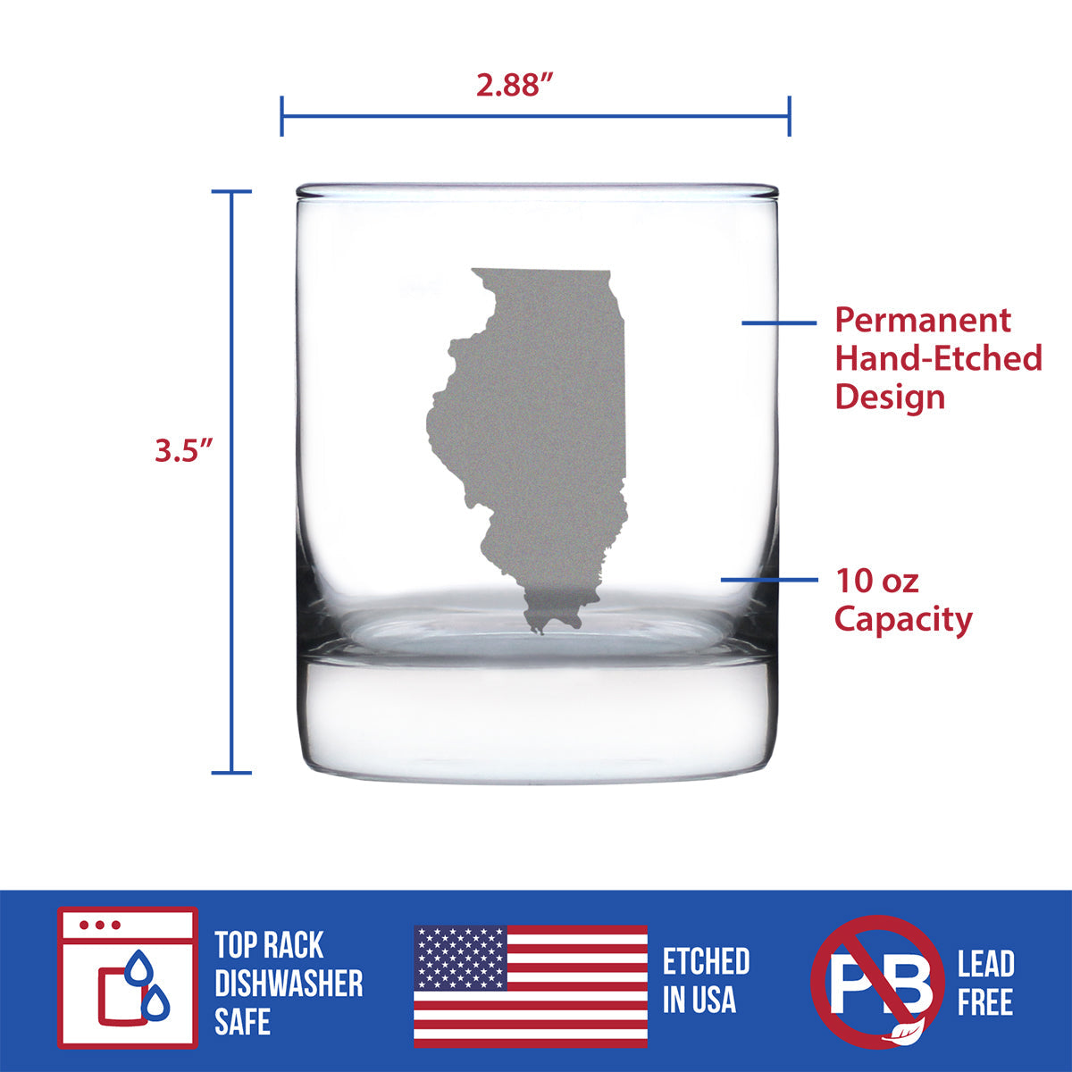 Illinois State Outline Whiskey Rocks Glass - State Themed Drinking Decor and Gifts for Illinoisan Women & Men - 10.25 Oz Whisky Tumbler Glasses
