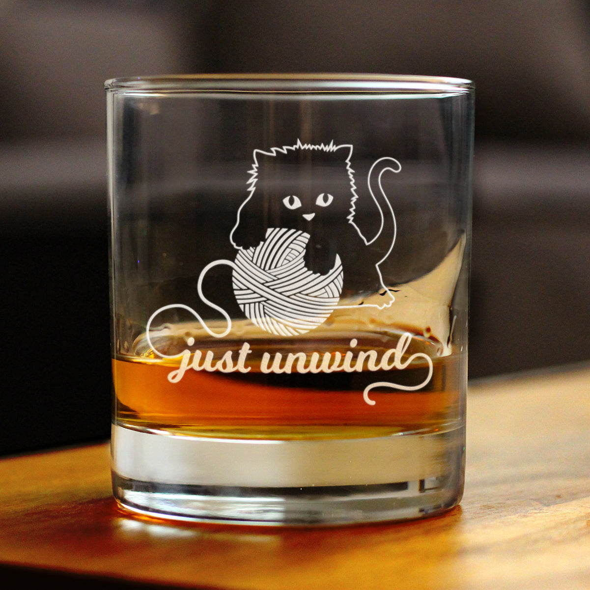 Just Unwind - Whiskey Rocks Glass Gifts - Funny Kitten Themed Gifts for Cat Lovers Who Knit and Crochet - 10.25 Oz Glasses