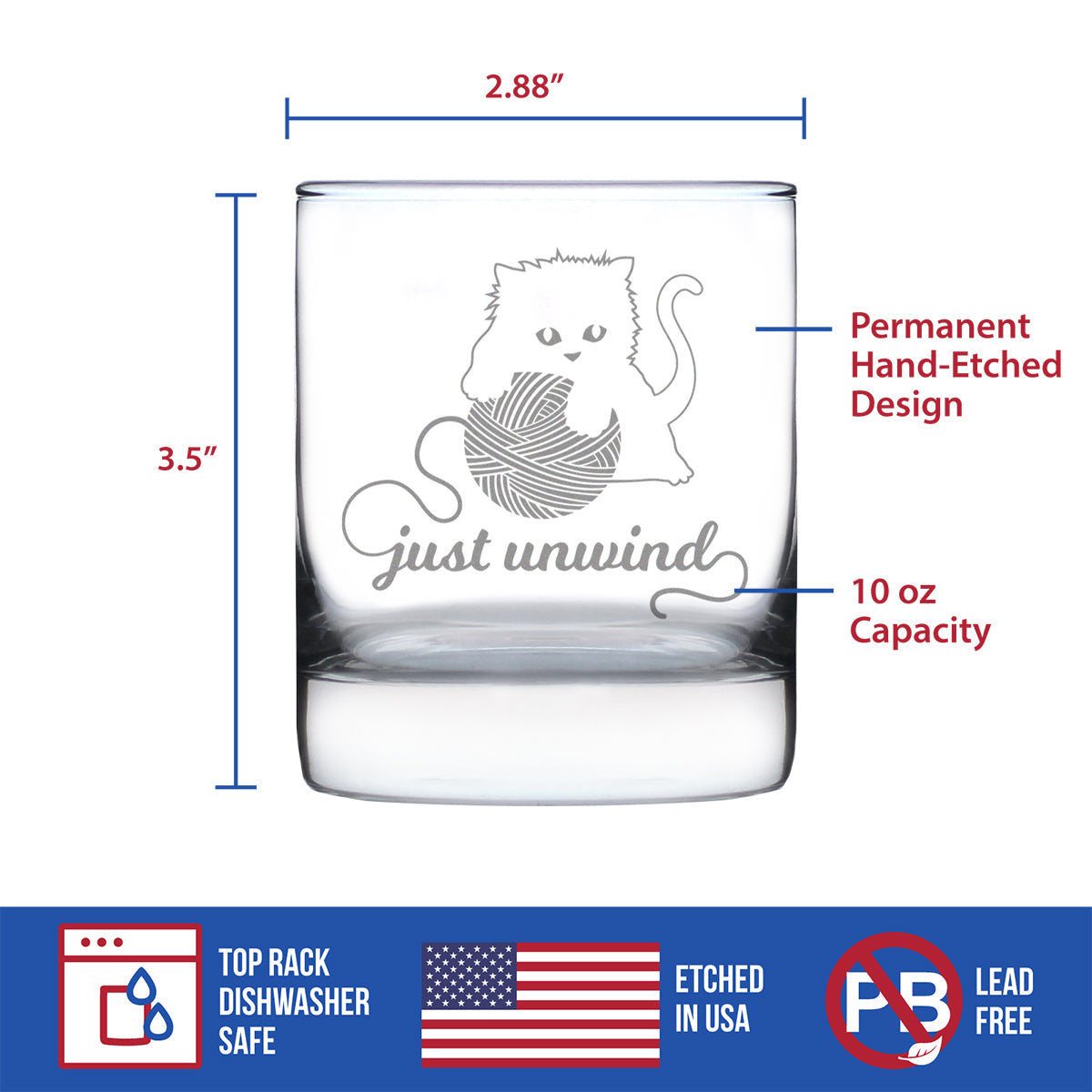 Just Unwind - Whiskey Rocks Glass Gifts - Funny Kitten Themed Gifts for Cat Lovers Who Knit and Crochet - 10.25 Oz Glasses