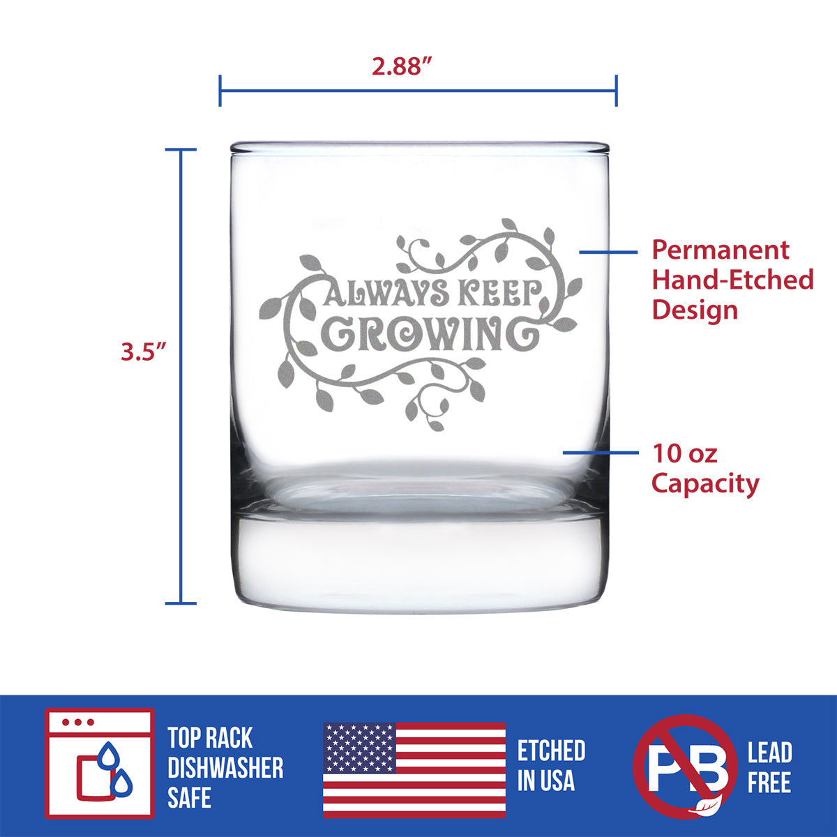 Keep Growing - Whiskey Rocks Glass - Gardening Themed Gifts and Decor for Gardeners - 10.25 Oz Glass
