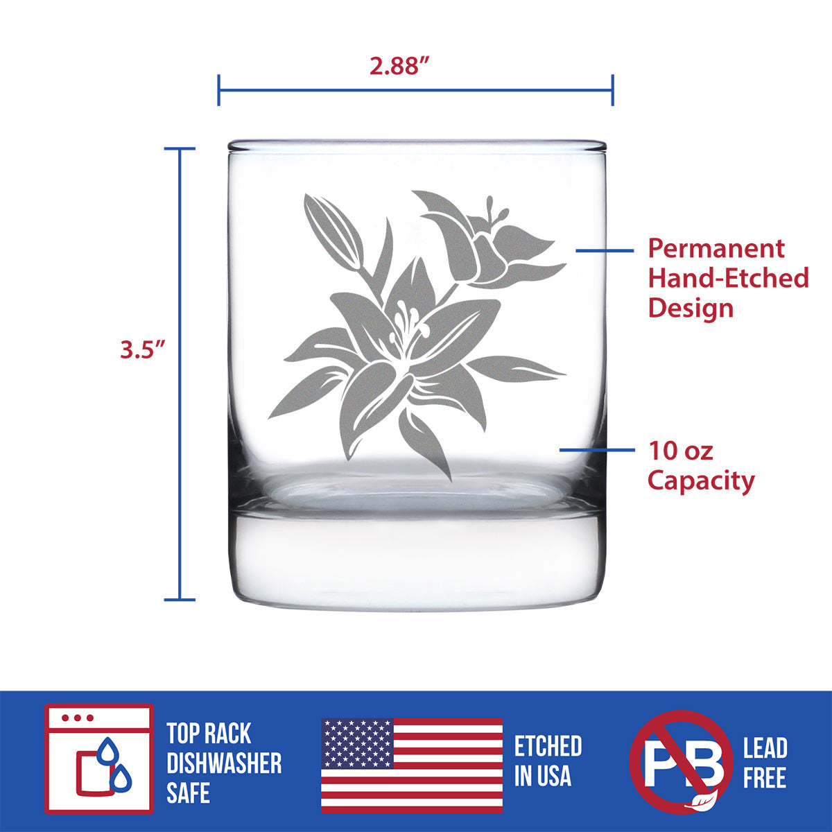 Lily Whiskey Rocks Glass - Floral Themed Decor and Gifts for Flower Lovers - 10.25 Oz Glasses