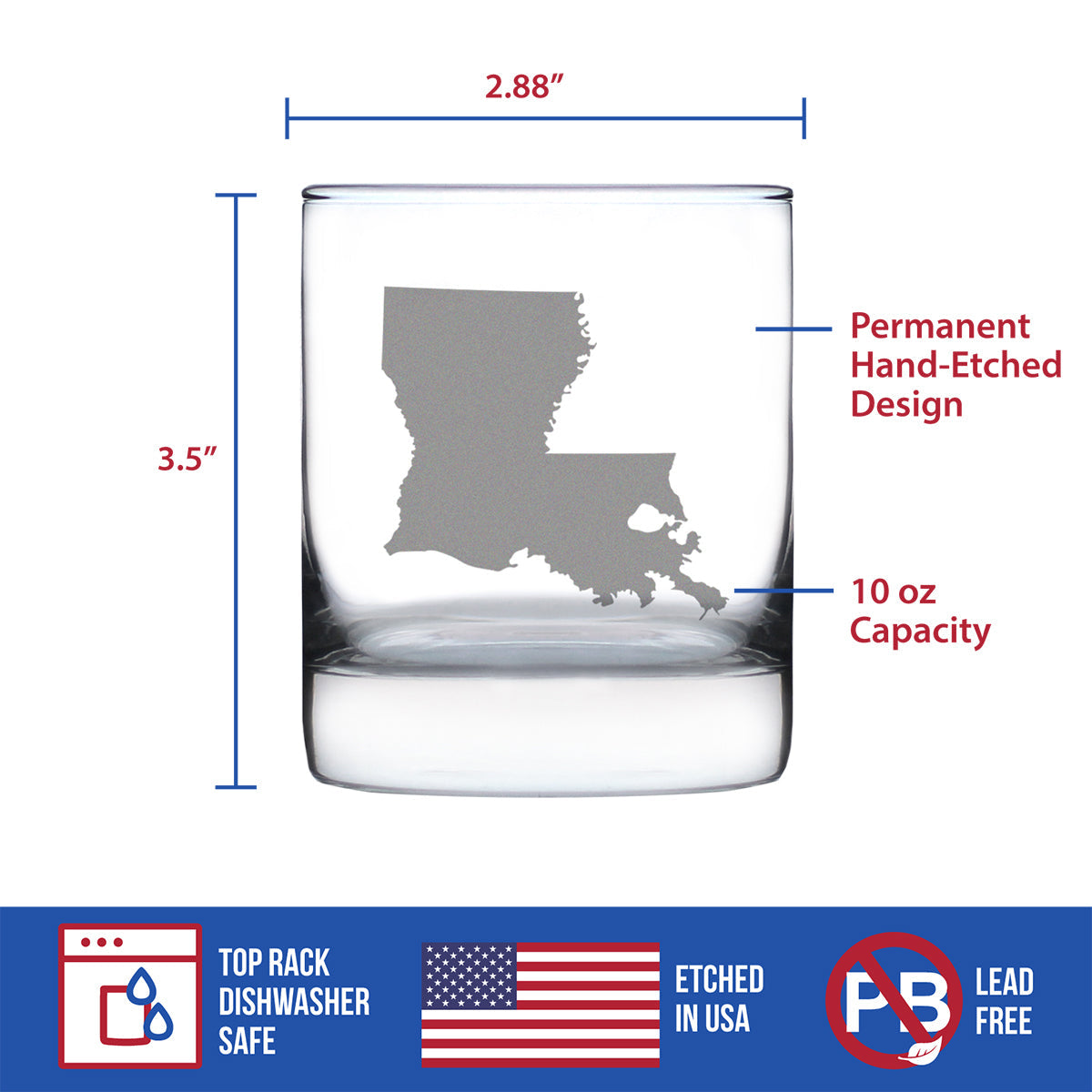 Louisiana State Outline Whiskey Rocks Glass - State Themed Drinking Decor and Gifts for Louisianian Women & Men - 10.25 Oz Whisky Tumbler Glasses