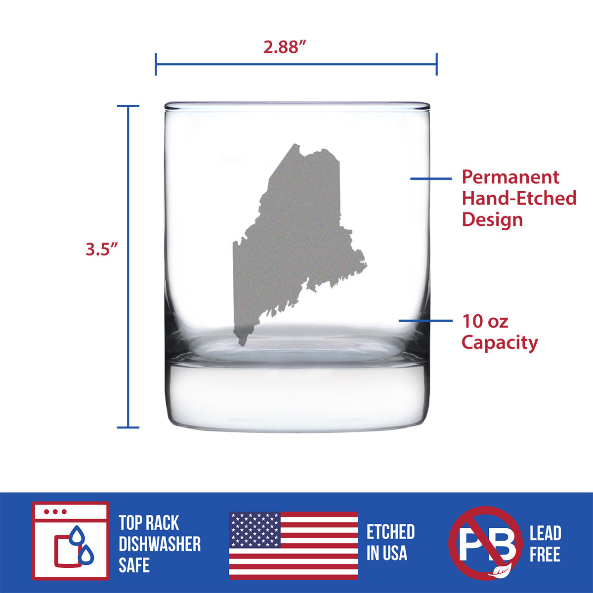 Maine State Outline Whiskey Rocks Glass - State Themed Drinking Decor and Gifts for Mainer Women & Men - 10.25 Oz Whisky Tumbler Glasses