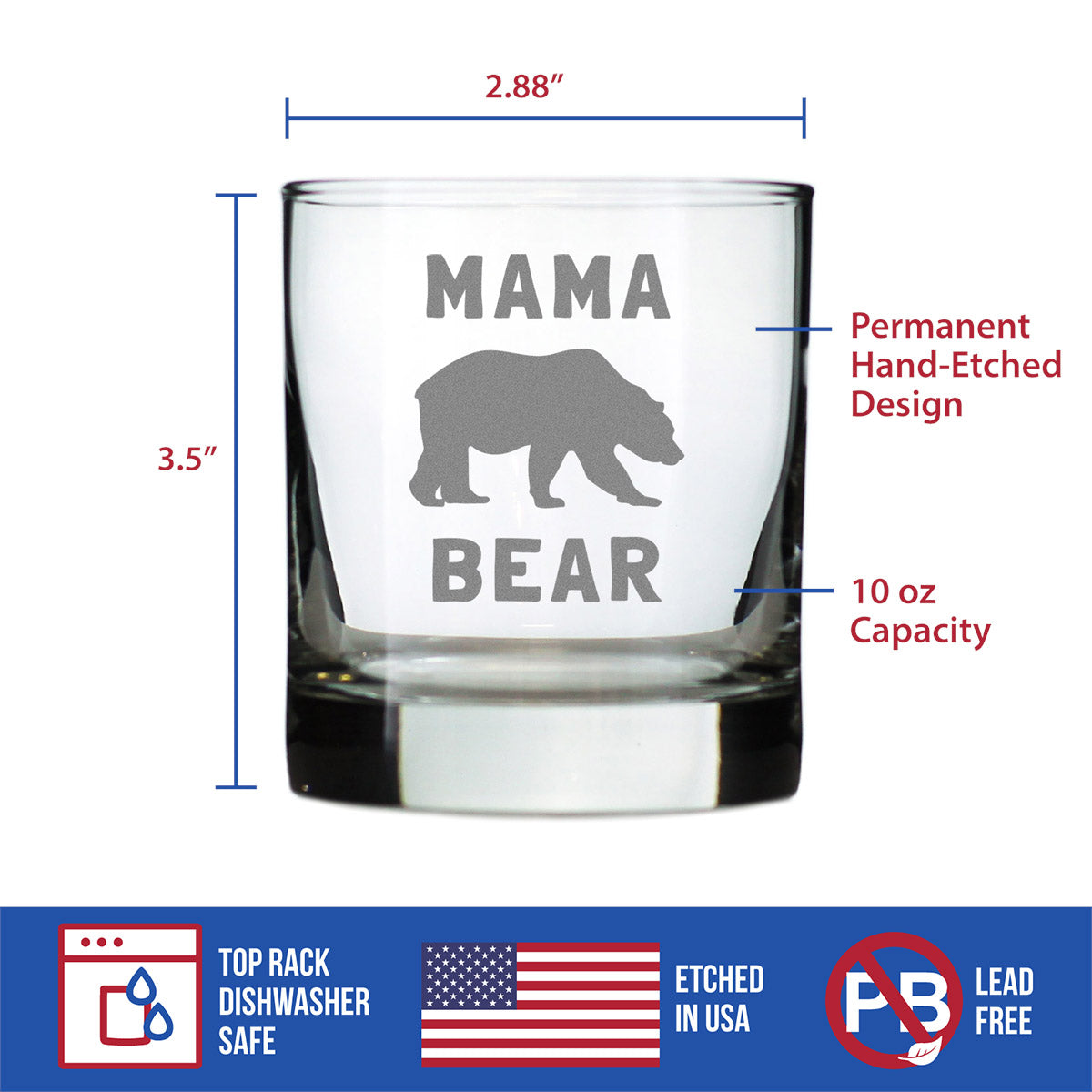 Mama Bear Whiskey Rocks Glass - Cute Funny Mom Gift Ideas for Mother's Day or Birthday - 10.25 Oz Whisky Tumbler Glasses