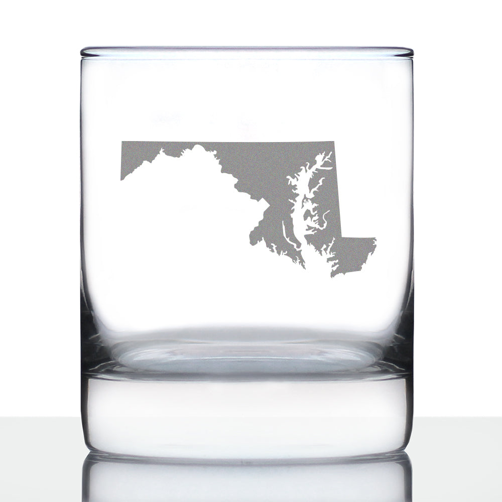 Maryland State Outline Whiskey Rocks Glass - State Themed Drinking Decor and Gifts for Marylander Women & Men - 10.25 Oz Whisky Tumbler Glasses