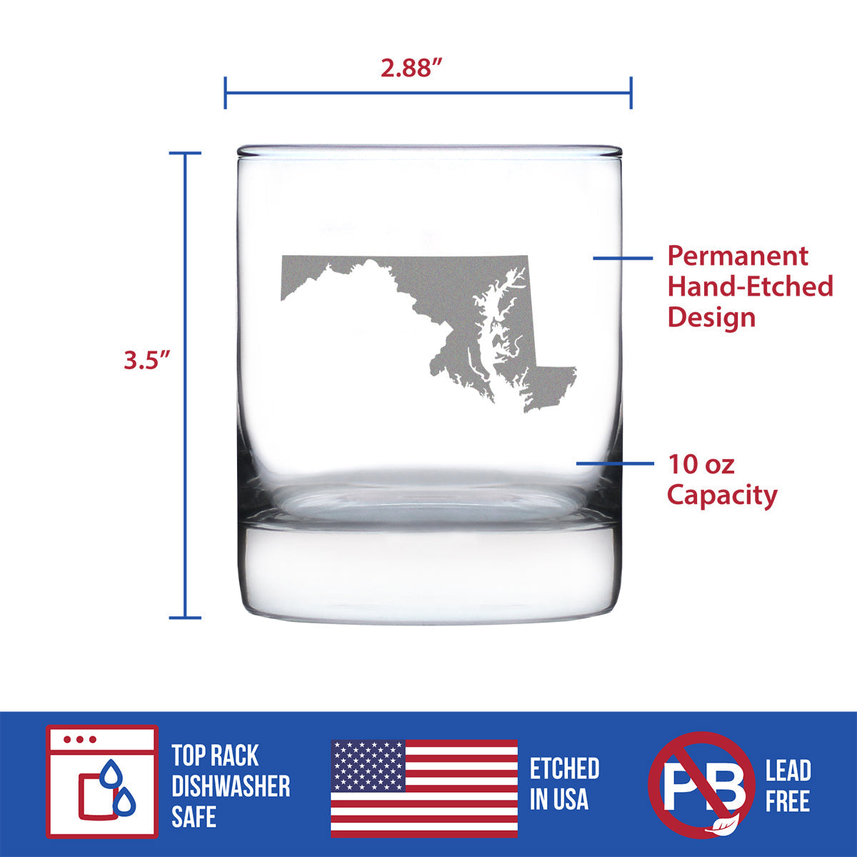 Maryland State Outline Whiskey Rocks Glass - State Themed Drinking Decor and Gifts for Marylander Women & Men - 10.25 Oz Whisky Tumbler Glasses