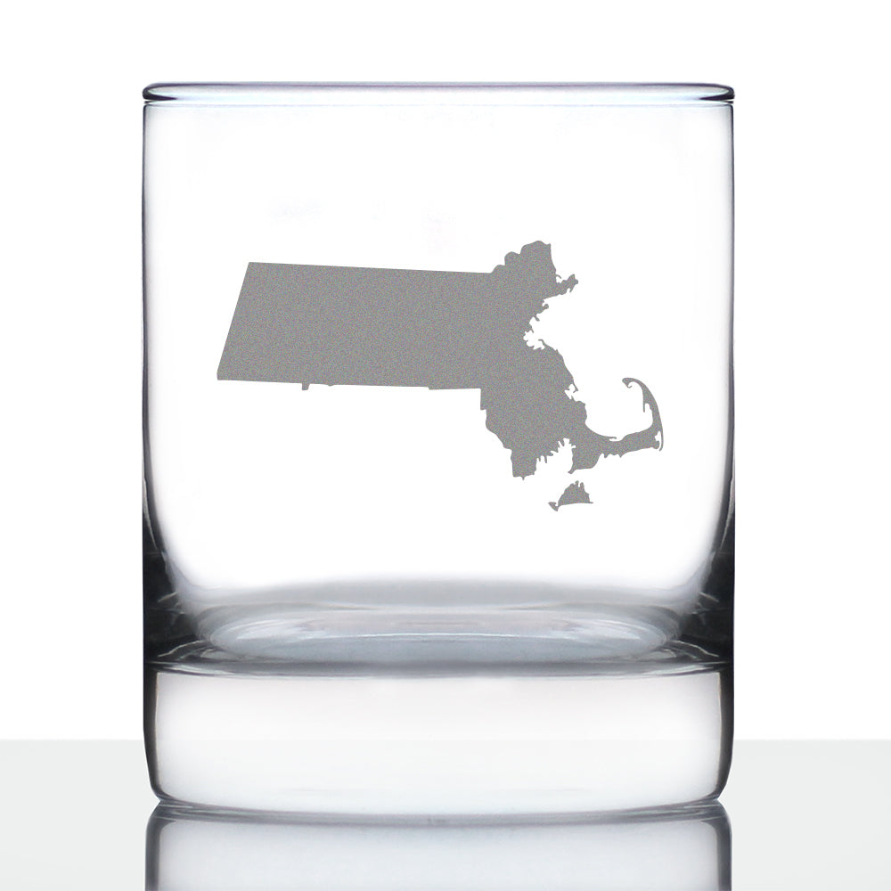 Massachusetts State Outline Whiskey Rocks Glass - State Themed Drinking Decor and Gifts for Bay Stater Women & Men - 10.25 Oz Whisky Tumbler Glasses
