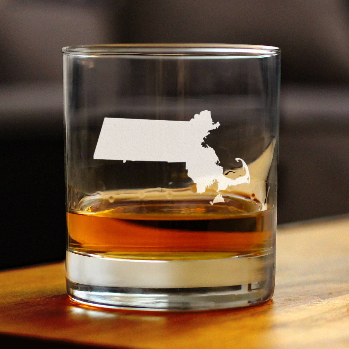 Massachusetts State Outline Whiskey Rocks Glass - State Themed Drinking Decor and Gifts for Bay Stater Women & Men - 10.25 Oz Whisky Tumbler Glasses