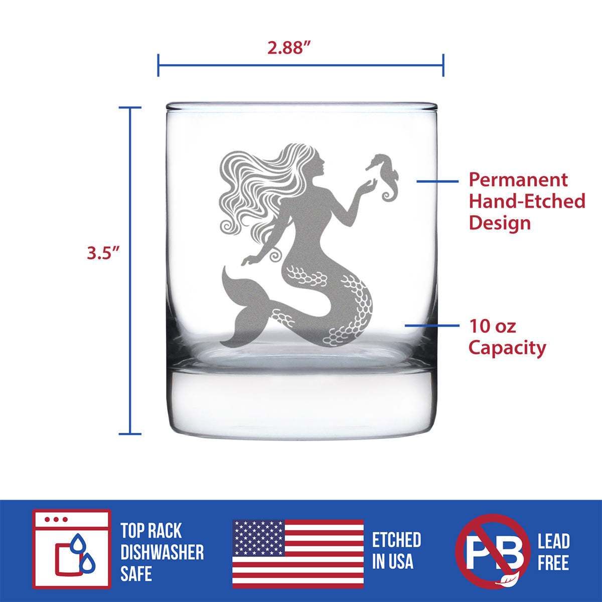 Mermaid Whiskey Rocks Glass - Fun Mermaids Themed Decor and Gifts for Beach Lovers - 10.25 Oz Glasses