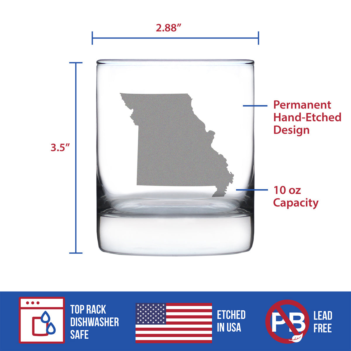 Missouri State Outline Whiskey Rocks Glass - State Themed Drinking Decor and Gifts for Missourian Women & Men - 10.25 Oz Whisky Tumbler Glasses