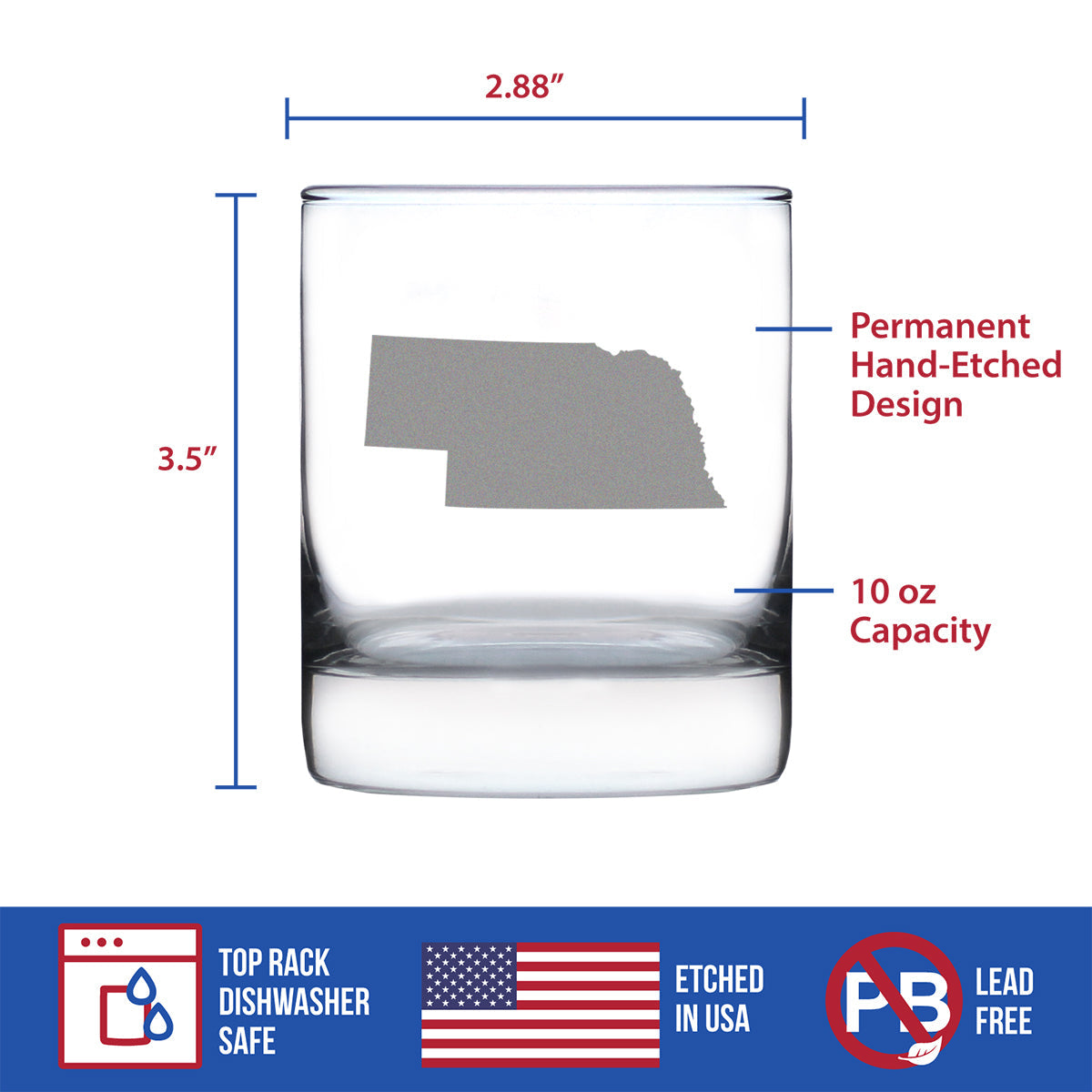 Nebraska State Outline Whiskey Rocks Glass - State Themed Drinking Decor and Gifts for Nebraskan Women & Men - 10.25 Oz Whisky Tumbler Glasses