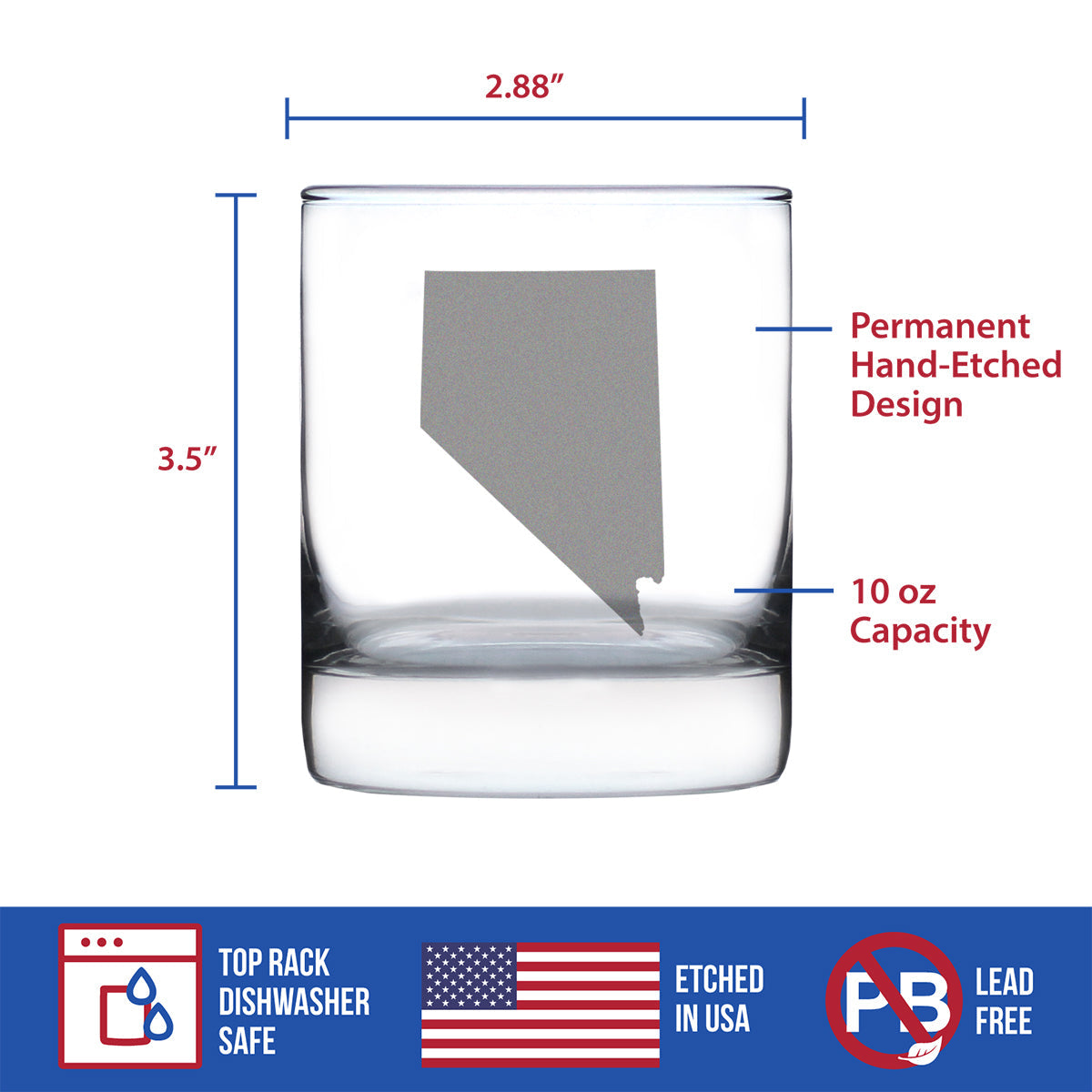 Nevada State Outline Whiskey Rocks Glass - State Themed Drinking Decor and Gifts for Nevadan Women & Men - 10.25 Oz Whisky Tumbler Glasses