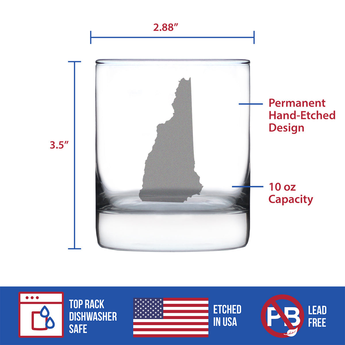 New Hampshire State Outline Whiskey Rocks Glass - State Themed Drinking Decor and Gifts for New Hampshirite Women & Men - 10.25 Oz Whisky Tumbler Glasses