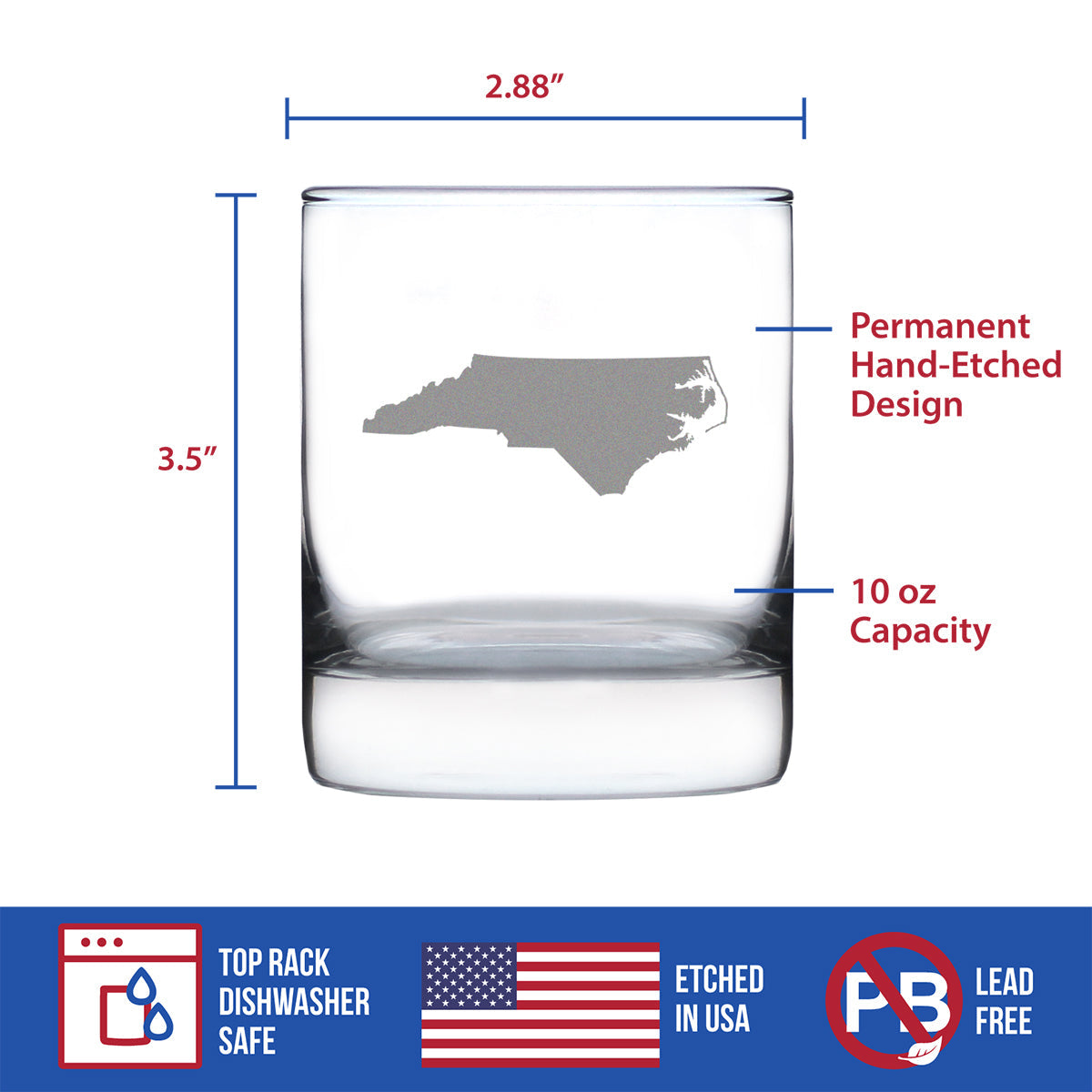 North Carolina State Outline Whiskey Rocks Glass - State Themed Drinking Decor and Gifts for North Carolinian Women & Men - 10.25 Oz Whisky Tumbler Glasses