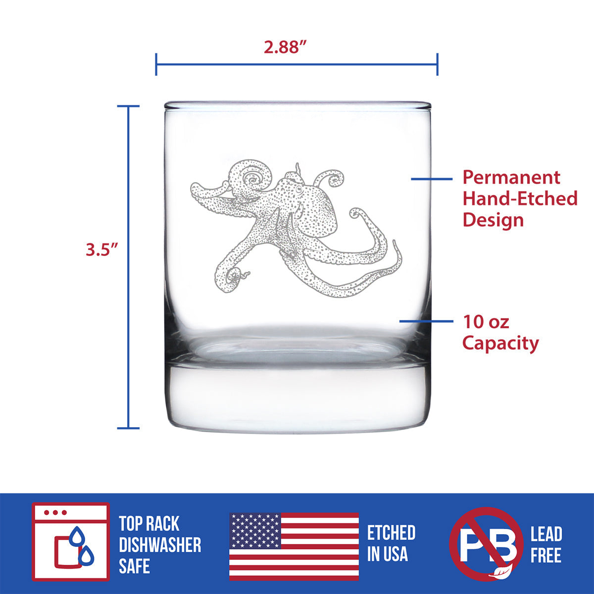 Octopus Engraved Whiskey Rocks Glass, Unique Decorative Gifts for Beach House, Nautical Birthday Gift for Men & Women Who Love Octopuses