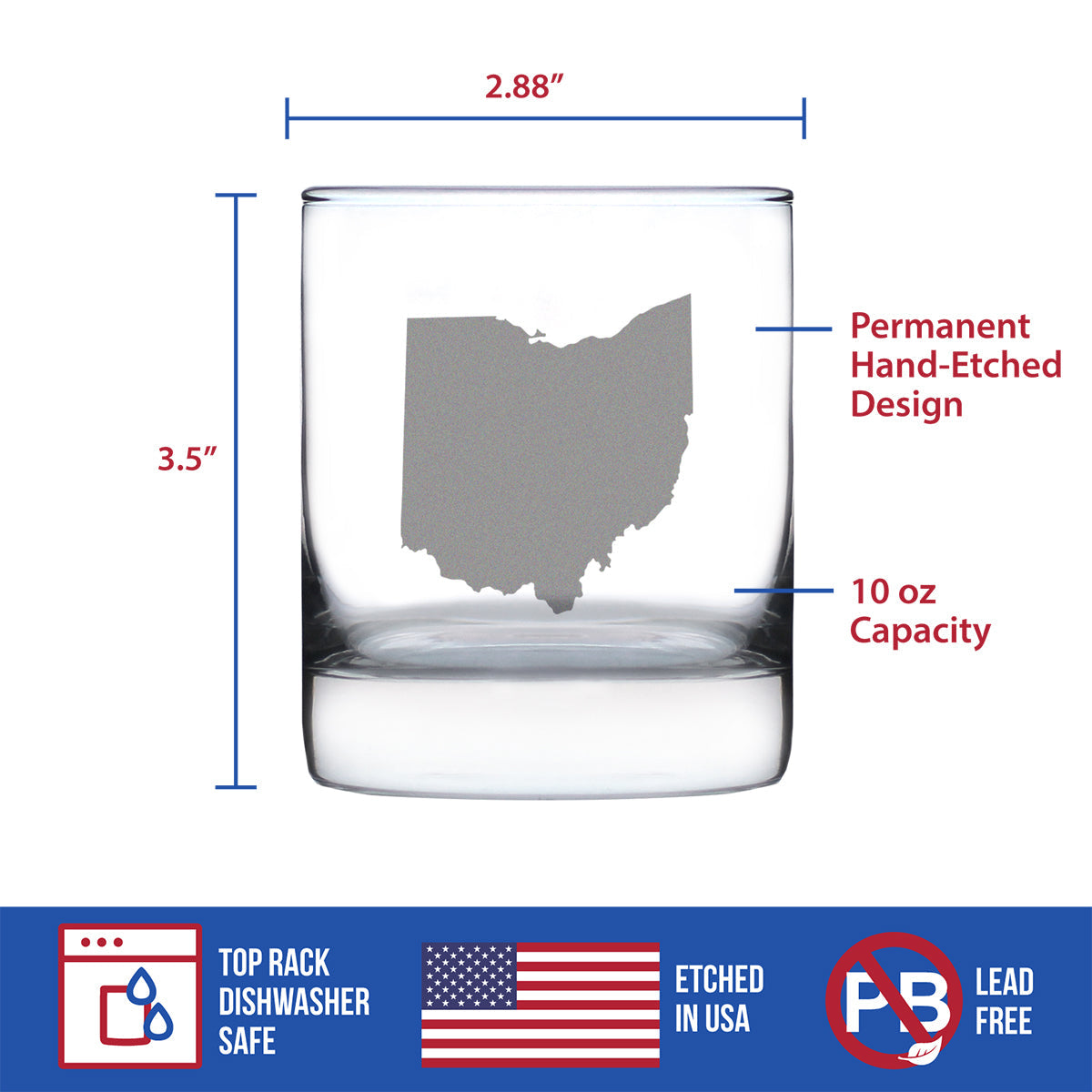 Ohio State Outline Whiskey Rocks Glass - State Themed Drinking Decor and Gifts for Ohioan Women & Men - 10.25 Oz Whisky Tumbler Glasses