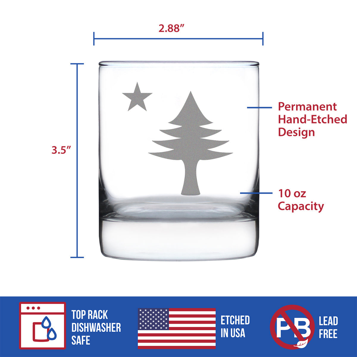 Old Maine Flag Whiskey Rocks Glass - Original 1901 State of Maine Flag Gifts for Women & Men Mainers - 10.25 Oz Whisky Tumbler Glasses