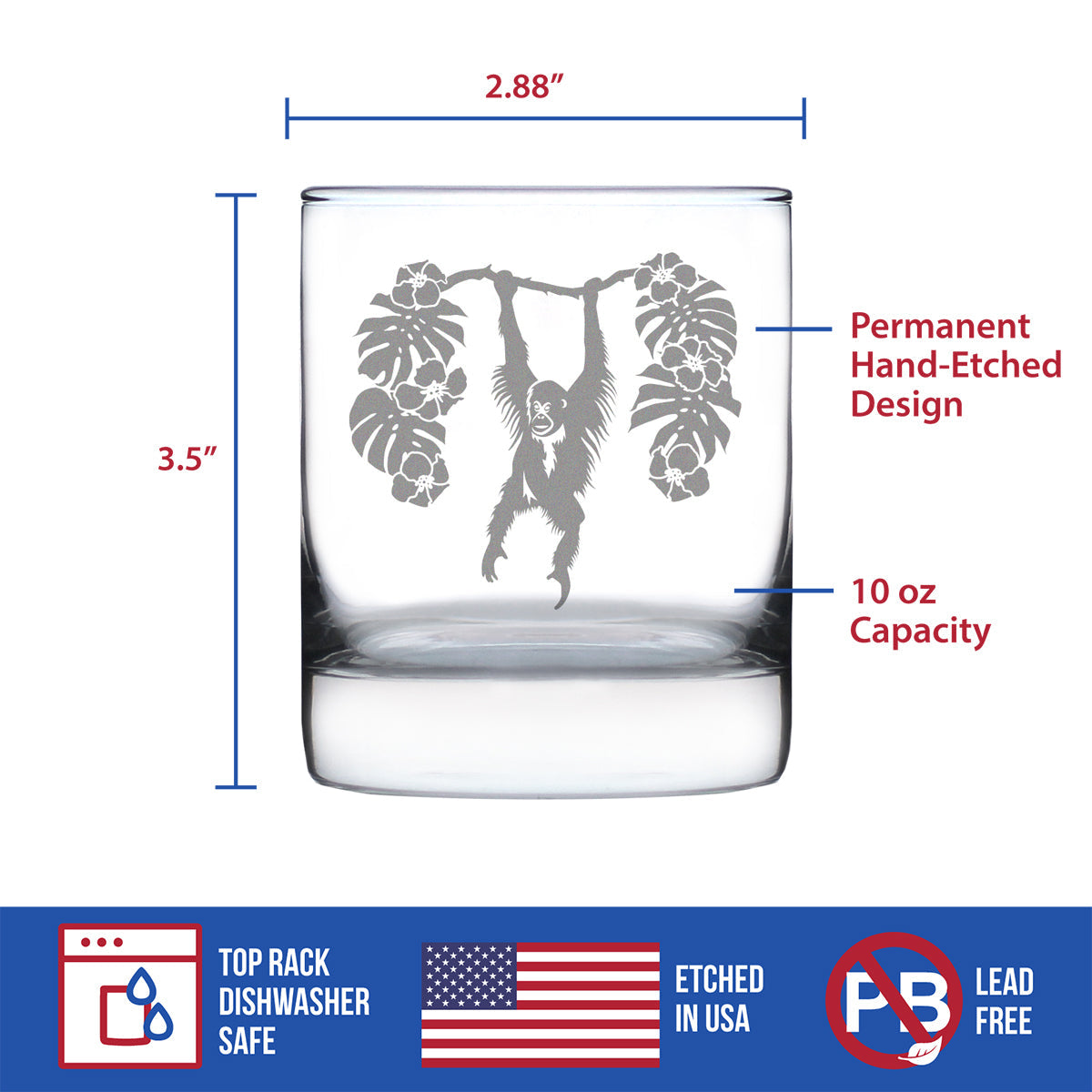 Orangutan Rocks Glass - Fun Wild Animal Themed Decor and Gifts for Lovers of Apes and Monkeys - 10.25 Oz Glasses