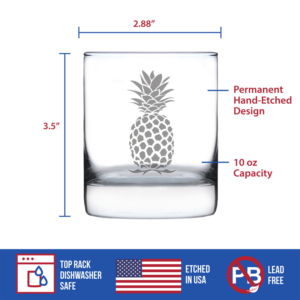 Pineapple Whiskey Rocks Glass - Fun Tropical Themed Decor and Gifts - 10.25 Oz Glasses