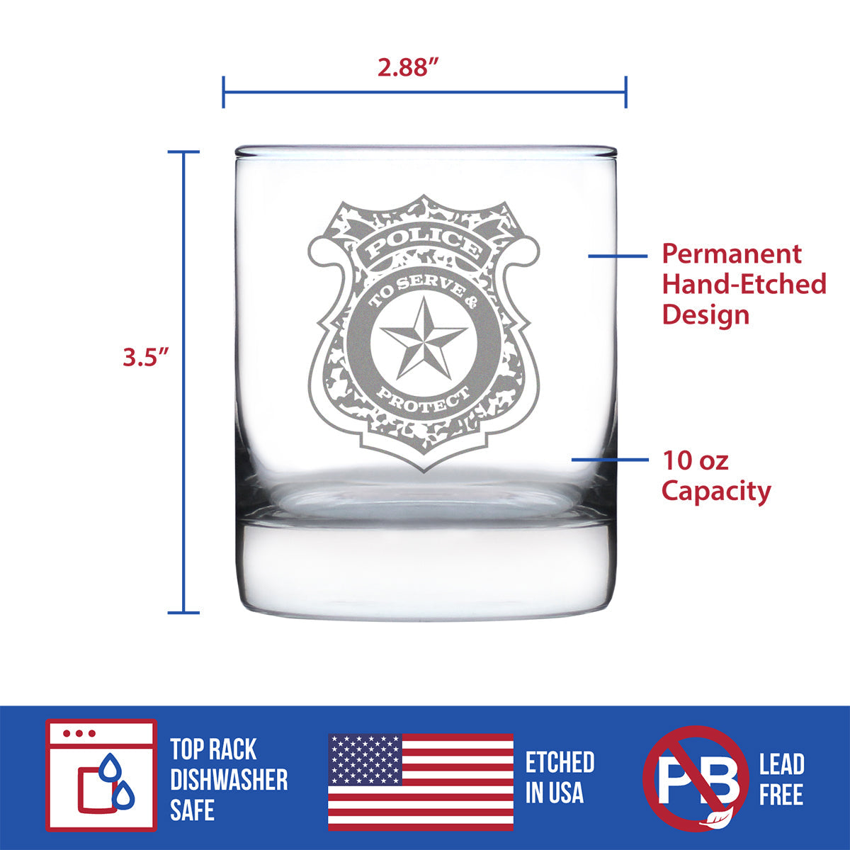 Police Badge Engraved 10 Oz Rocks or Old Fashioned Glass, Unique Gifts for Police Officers, Law Enforcement Gift