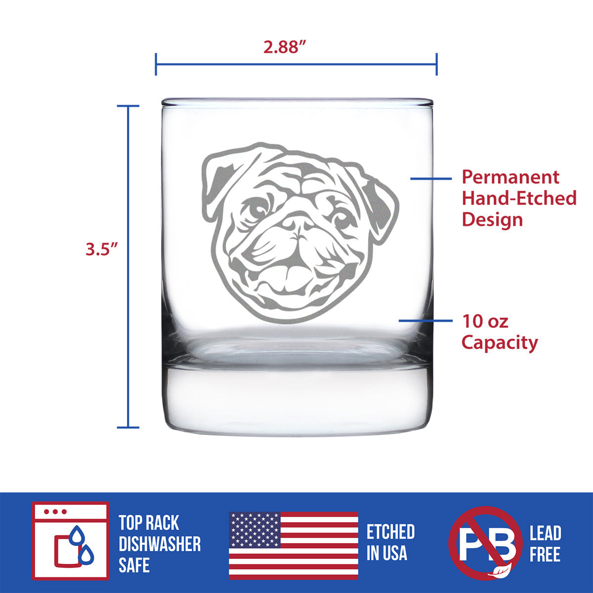 Happy Pug Whiskey Rocks Glass - Fun Dog Themed Decor and Gifts for Moms & Dads of Pugs - 10.25 Oz Glasses