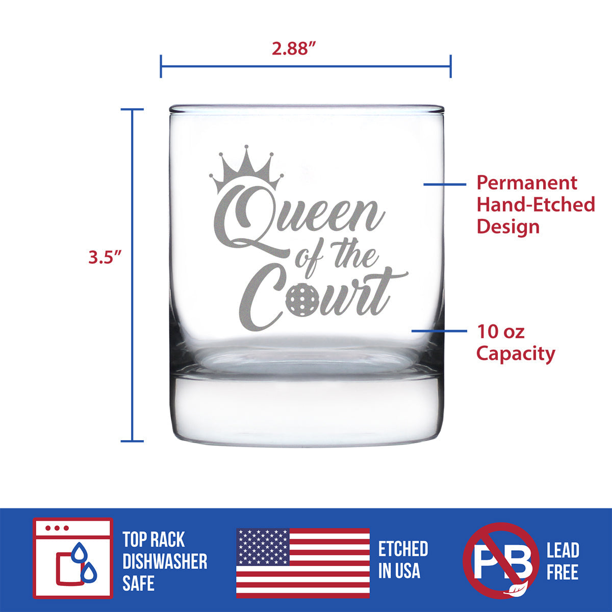 Queen of the Court - Whiskey Rocks Glass - Funny Pickleball Themed Decor and Gifts - 10.25 Oz Glasses