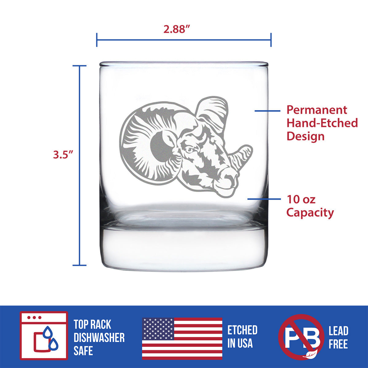 Ram Face Whiskey Rocks Glass - Bighorn Sheep Themed Decor and Gifts for Rocky Mountain Animal Lovers - 10.25 Oz Glasses