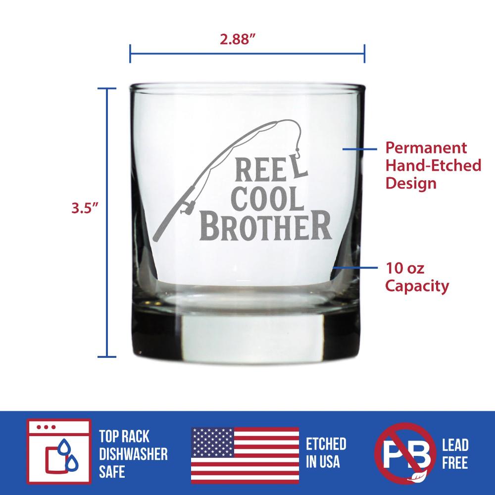 Reel Cool Brother - Funny Whiskey Rocks Glass - Fishing Gifts for Brothers - Engraved 10.25 oz Glasses - Fun Fish Cups