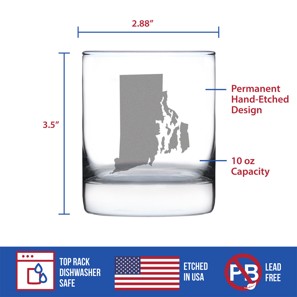 Rhode Island State Outline Whiskey Rocks Glass - State Themed Drinking Decor and Gifts for Rhode Islander Women & Men - 10.25 Oz Whisky Tumbler Glasses