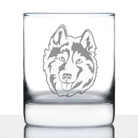 Siberian Husky Face Whiskey Rocks Glass - Unique Dog Themed Decor and Gifts for Moms & Dads of Huskies - 10.25 Oz