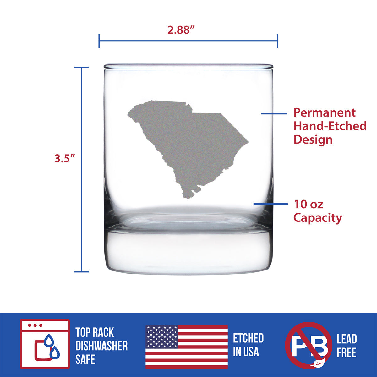 South Carolina State Outline Whiskey Rocks Glass - State Themed Drinking Decor and Gifts for South Carolinian Women & Men - 10.25 Oz Whisky Tumbler Glasses