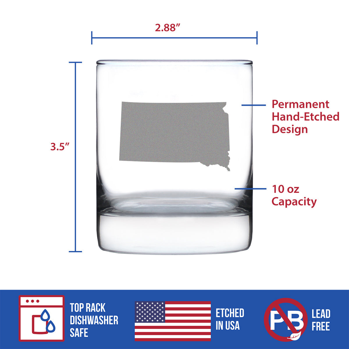 South Dakota State Outline Whiskey Rocks Glass - State Themed Drinking Decor and Gifts for South Dakotan Women & Men - 10.25 Oz Whisky Tumbler Glasses