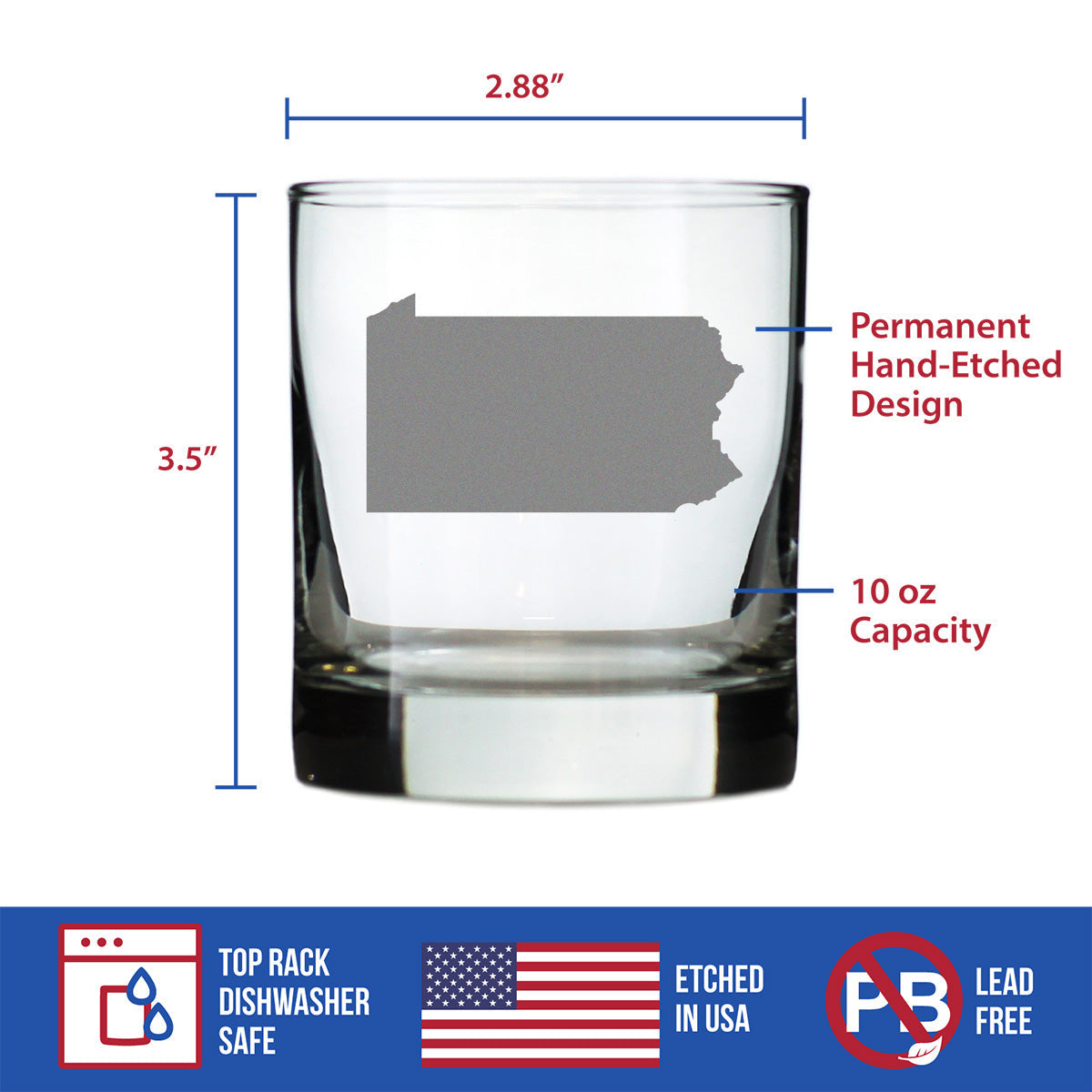 Pennsylvania State Outline Whiskey Rocks Glass - State Themed Drinking Decor and Gifts for Pennsylvanian Women & Men - 10.25 Oz Whisky Tumbler Glasses