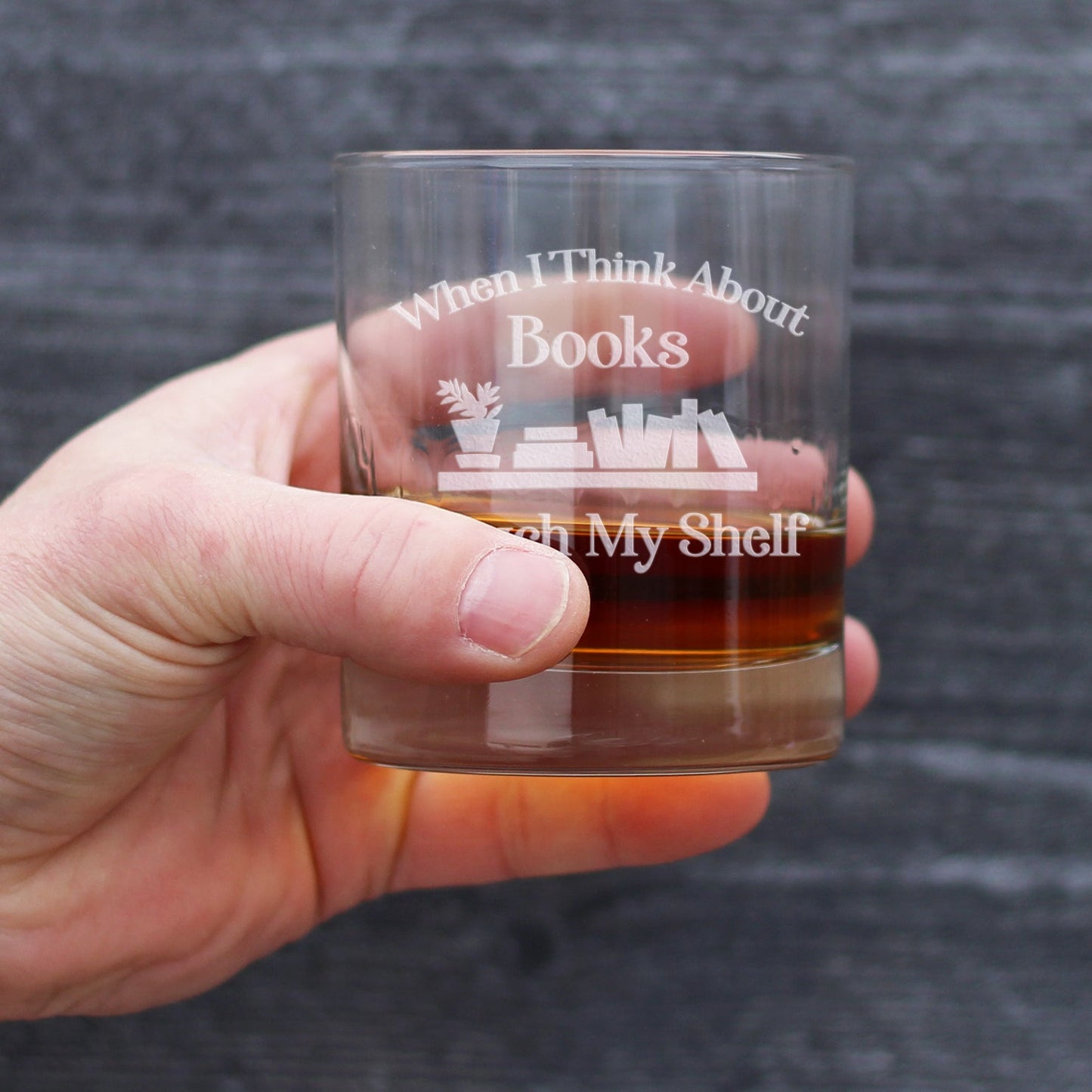 When I Think About Books I Touch My Shelf Whiskey Rocks Glass - Funny Book Club Gifts for Lovers of Reading & Whisky