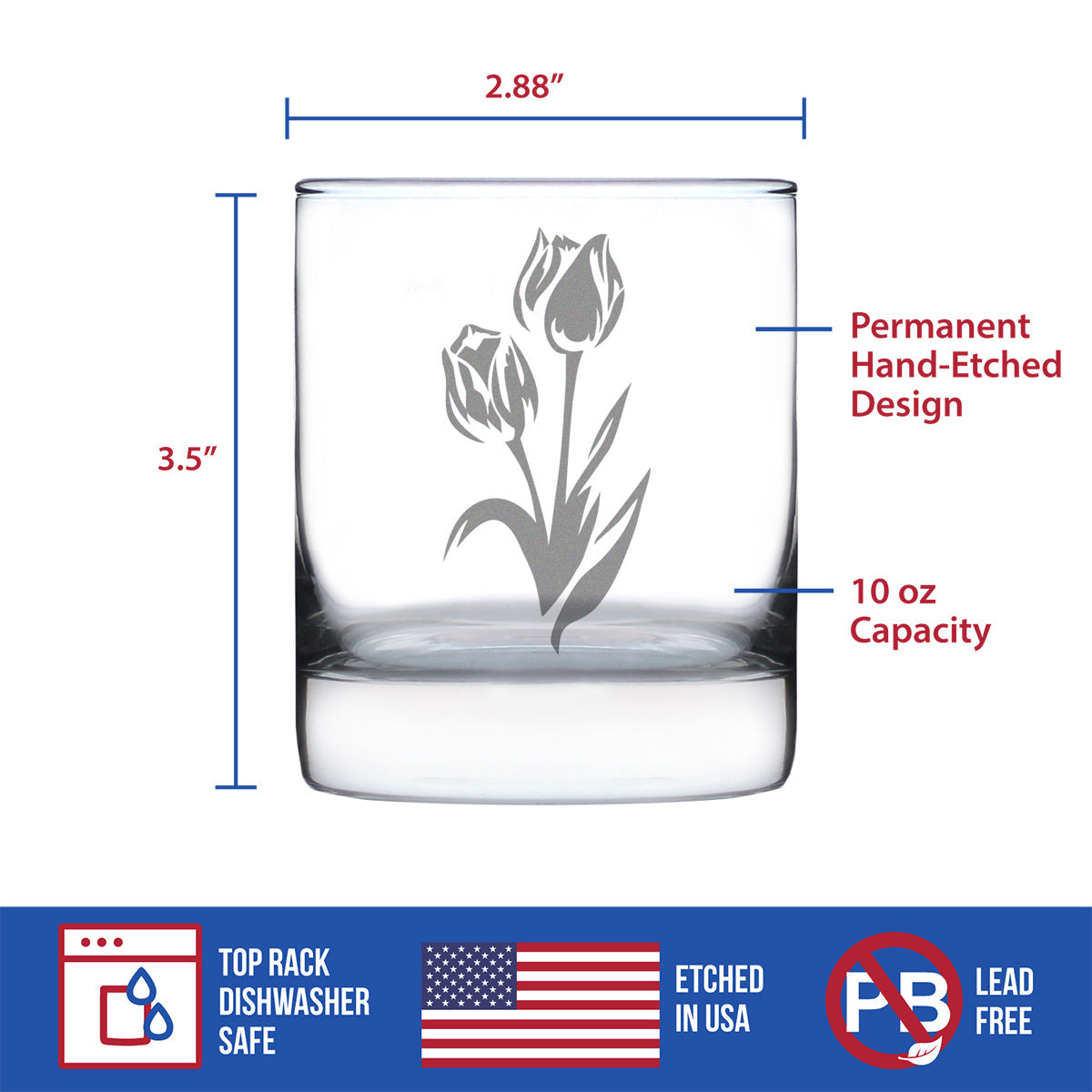 Tulip Whiskey Rocks Glass - Floral Themed Decor and Gifts for Flower Lovers - 10.25 Oz Glasses