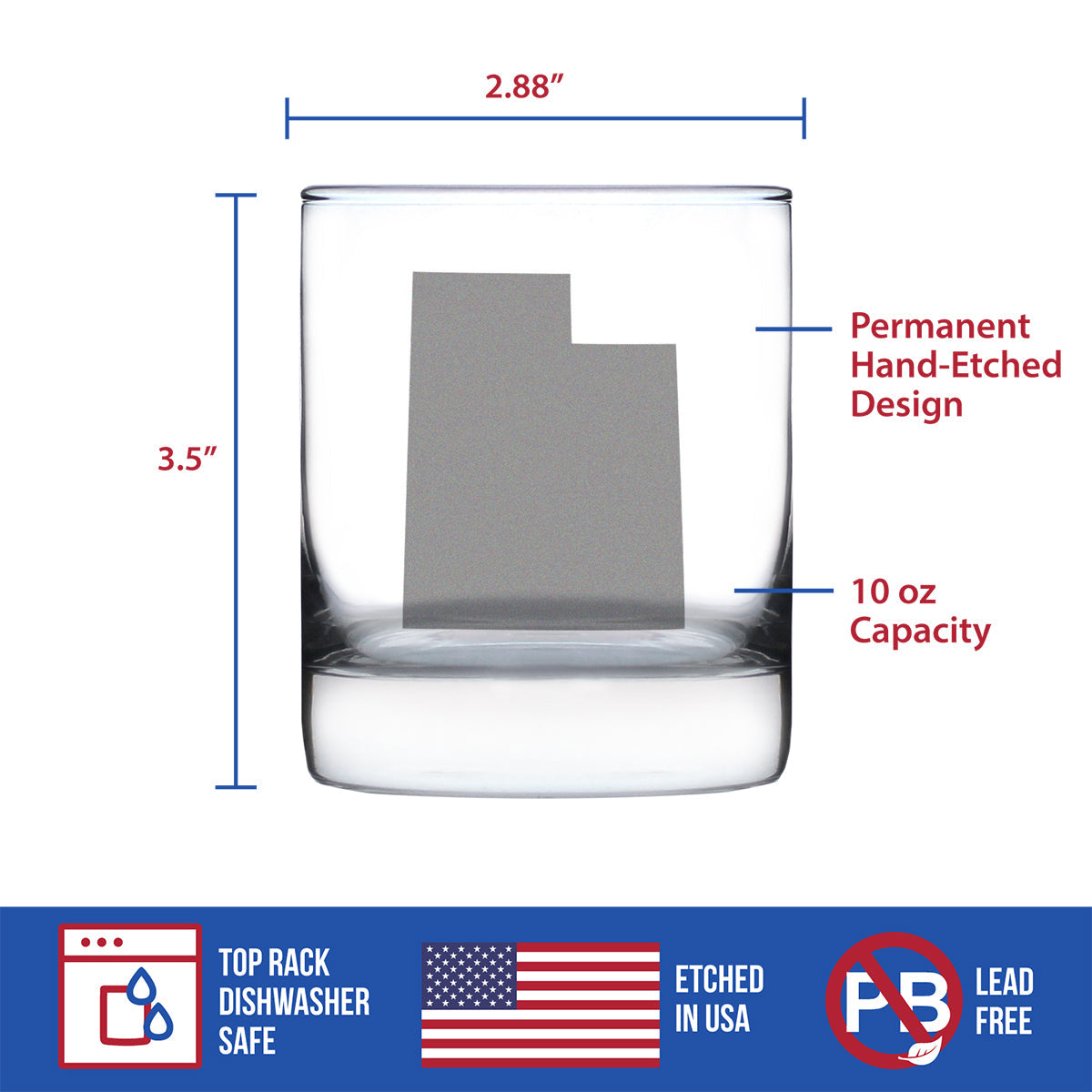Utah State Outline Whiskey Rocks Glass - State Themed Drinking Decor and Gifts for Utahn Women & Men - 10.25 Oz Whisky Tumbler Glasses