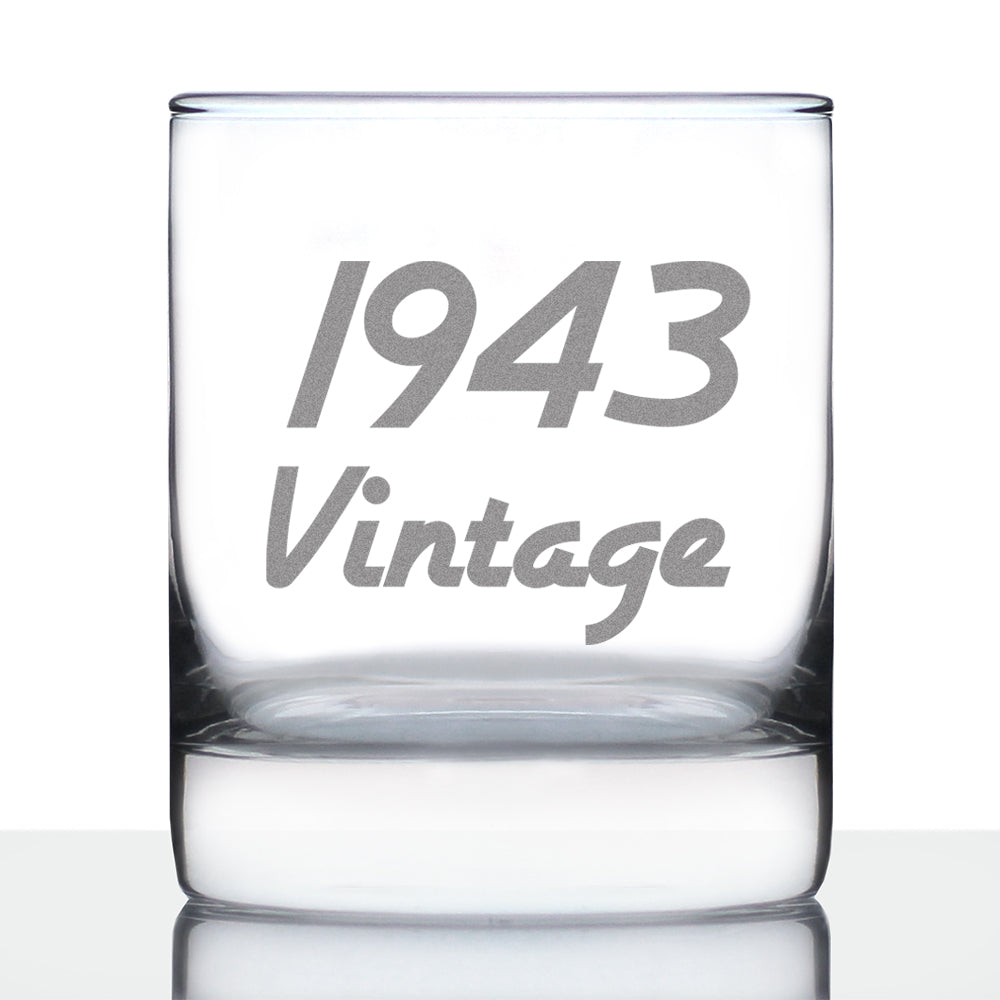 Vintage 1943 - Fun 82nd Birthday Whiskey Rocks Glass Gifts for Men & Women Turning 82 - Retro Whisky Drinking Tumbler