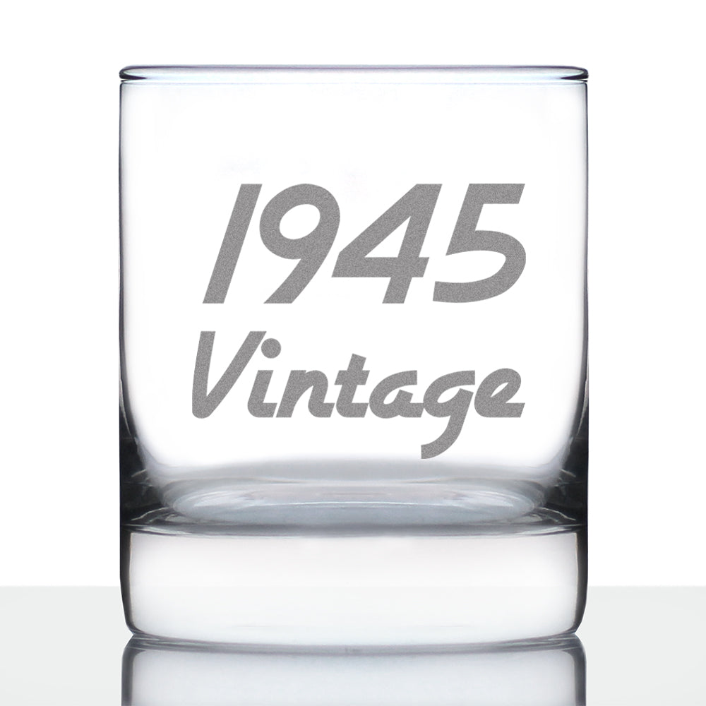 Vintage 1945 - Fun 80th Birthday Whiskey Rocks Glass Gifts for Men & Women Turning 80 - Retro Whisky Drinking Tumbler