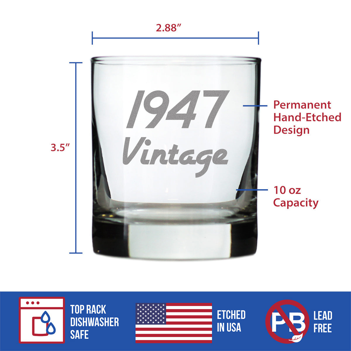 Vintage 1947 - Fun 78th Birthday Whiskey Rocks Glass Gifts for Men & Women Turning 78 - Retro Whisky Drinking Tumbler