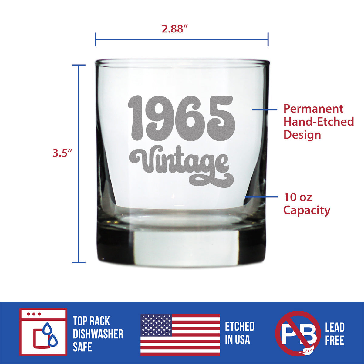 Vintage 1965 - Fun 60th Birthday Whiskey Rocks Glass Gifts for Men & Women Turning 60 - Retro Whisky Drinking Tumbler