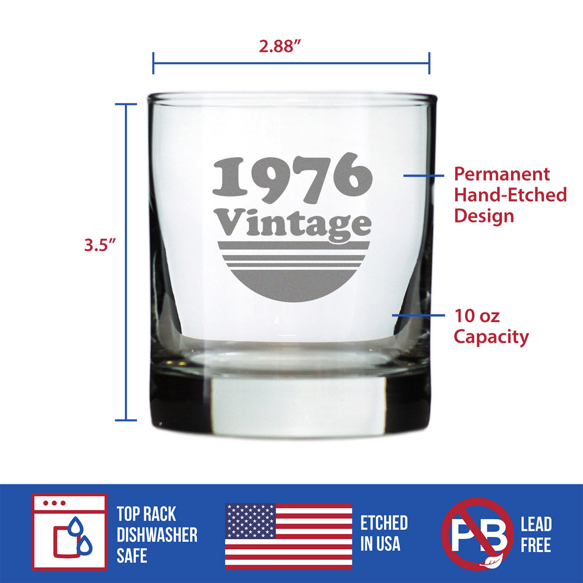Vintage 1976 - Fun 49th Birthday Whiskey Rocks Glass Gifts for Men & Women Turning 49 - Retro Whisky Drinking Tumbler