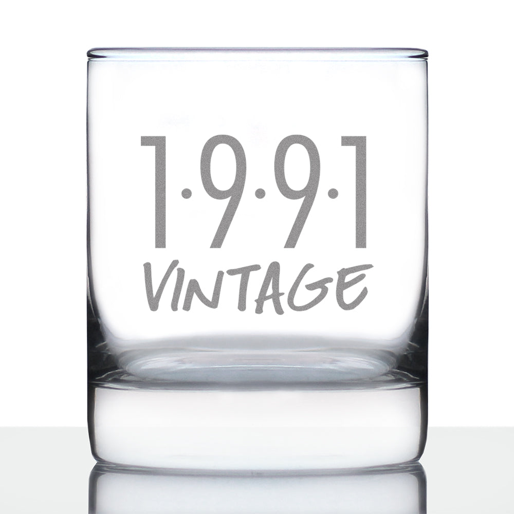 Vintage 1991 - Fun 34th Birthday Whiskey Rocks Glass Gifts for Men & Women Turning 34 - Retro Whisky Drinking Tumbler
